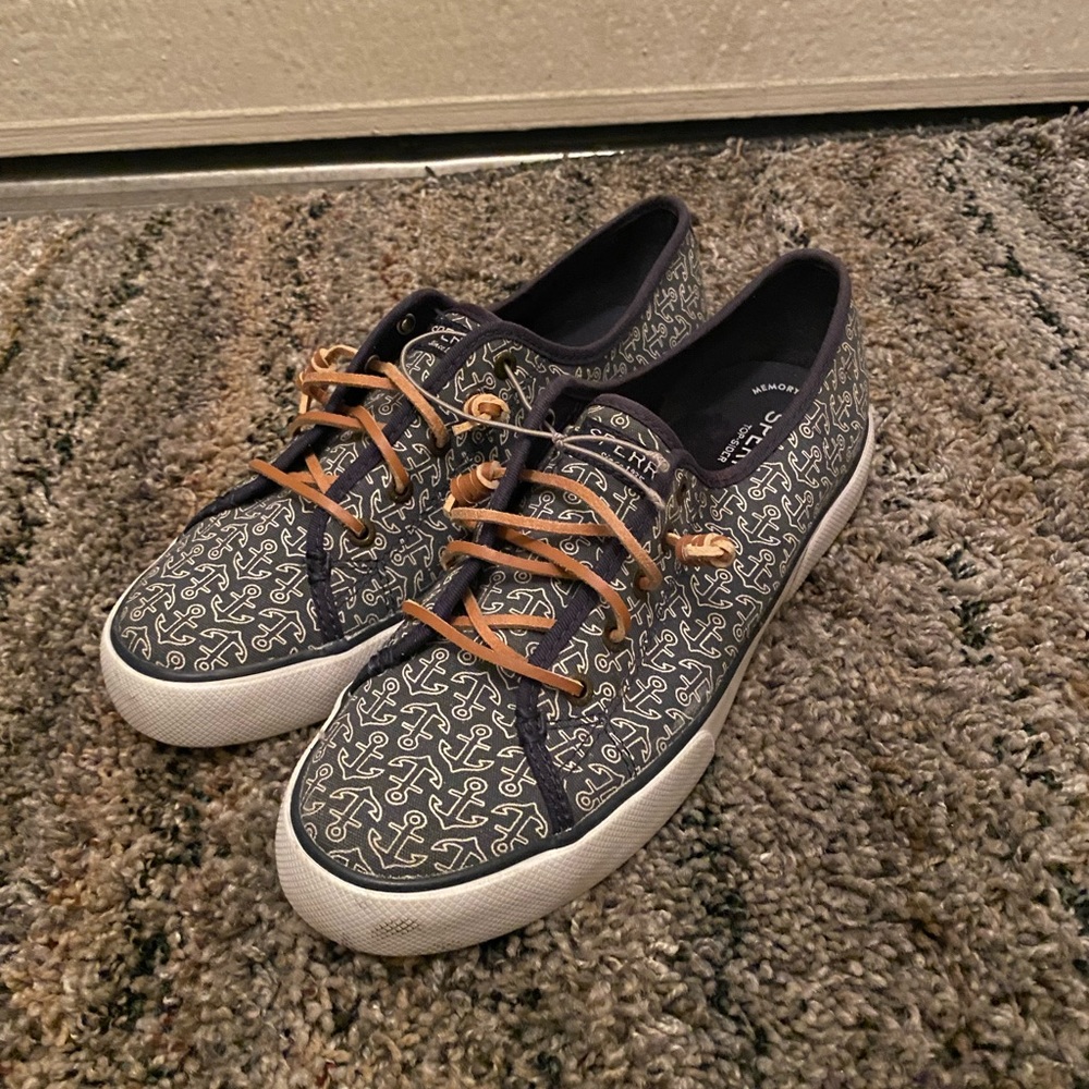Sperry top sider navy blue anchor print canvas boat shoes womens
